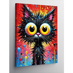Kanvas Tablo Renkli Büyük Gözlü Kara Kedi 100x140 cm