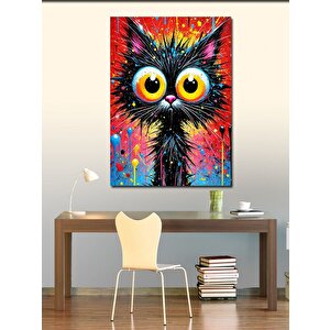 Kanvas Tablo Renkli Büyük Gözlü Kara Kedi 100x140 cm