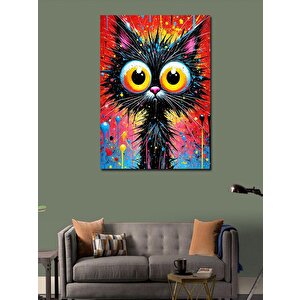 Kanvas Tablo Renkli Büyük Gözlü Kara Kedi 100x140 cm