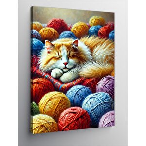 Kanvas Tablo Yün Yumaklarının Arasında Kedi 70x100 cm