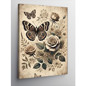 Kanvas Tablo Vintage Çiçek Ve Kelebek 50x70 cm