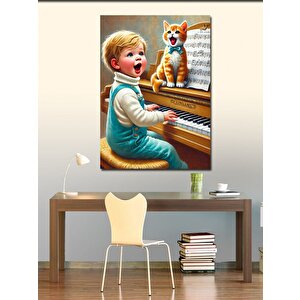 Kanvas Tablo Piyano Çalan Çocuk Ve Kedi 100x140 cm