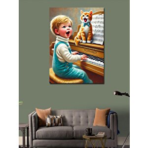 Kanvas Tablo Piyano Çalan Çocuk Ve Kedi 100x140 cm
