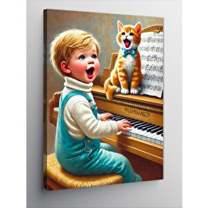 Kanvas Tablo Piyano Çalan Çocuk Ve Kedi 50x70 cm
