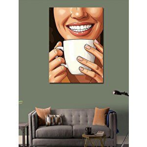 Kanvas Tablo Gülümseyen Kadın Ve Kahve Fincanı 100x140 cm