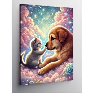 Kanvas Tablo Kedili Ve Köpekli Sevgi Anı 100x140 cm