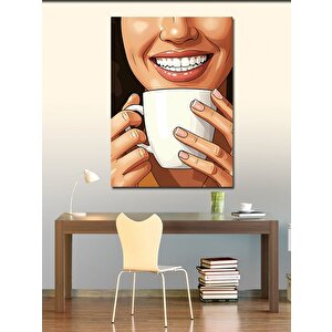 Kanvas Tablo Gülümseyen Kadın Ve Kahve Fincanı 50x70 cm
