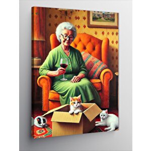 Kanvas Tablo Kedisiyle Sandalyede Oturan Yaşlı Kadın 50x70 cm