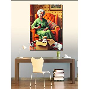 Kanvas Tablo Kedisiyle Sandalyede Oturan Yaşlı Kadın 100x140 cm