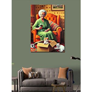 Kanvas Tablo Kedisiyle Sandalyede Oturan Yaşlı Kadın 100x140 cm