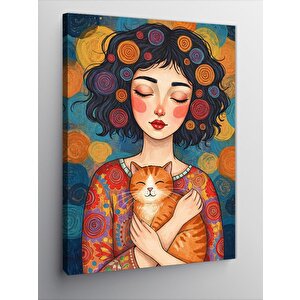 Kanvas Tablo Renkli Kedili Kadın 70x100 cm