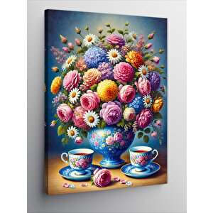 Kanvas Tablo Çiçekli Vazo Ve Çay Fincanı 70x100 cm