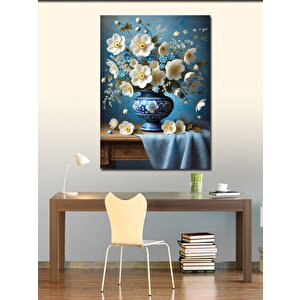 Kanvas Tablo Mavi Vazoda Beyaz Çiçekler 100x140 cm