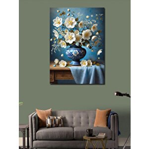 Kanvas Tablo Mavi Vazoda Beyaz Çiçekler 100x140 cm