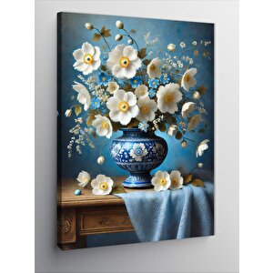 Kanvas Tablo Mavi Vazoda Beyaz Çiçekler 70x100 cm