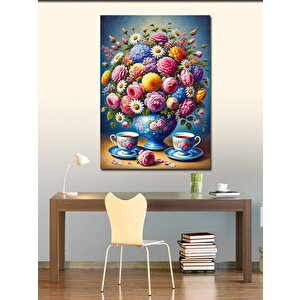 Kanvas Tablo Çiçekli Vazo Ve Çay Fincanı 50x70 cm