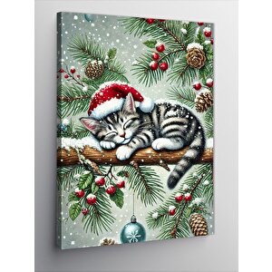 Kanvas Tablo Noel Temalı Uyuyan Kedi 100x140 cm