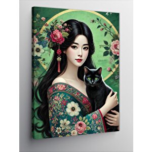Kanvas Tablo Kediyle Zarif Japon Kadın 50x70 cm