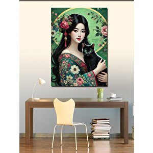 Kanvas Tablo Kediyle Zarif Japon Kadın 50x70 cm