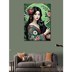 Kanvas Tablo Kediyle Zarif Japon Kadın 100x140 cm
