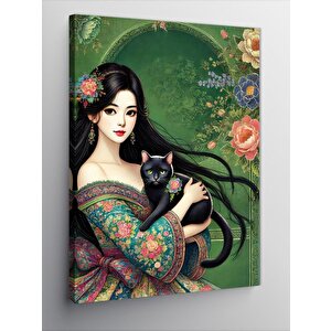 Kanvas Tablo Kediyle Japon Kadın 70x100 cm