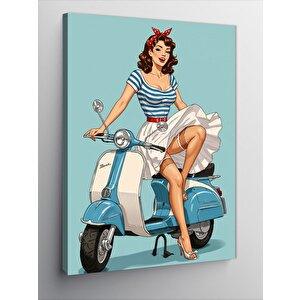 Kanvas Tablo Retro Kadın Ve Scooter 100x140 cm