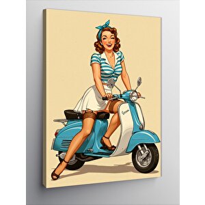 Kanvas Tablo Retro Mavi Scooter Kadın 100x140 cm