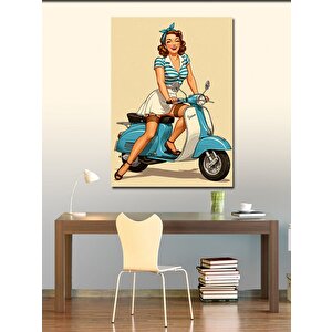 Kanvas Tablo Retro Mavi Scooter Kadın 50x70 cm