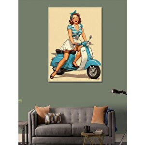 Kanvas Tablo Retro Mavi Scooter Kadın 50x70 cm