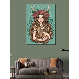 Kanvas Tablo Çiçek Taçlı Geyik Ve Kadın 100x140 cm