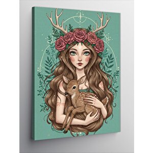 Kanvas Tablo Çiçek Taçlı Geyik Ve Kadın 50x70 cm