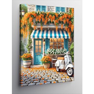 Kanvas Tablo Çiçeklerle Süslenmiş Beyaz Motosiklet 100x140 cm