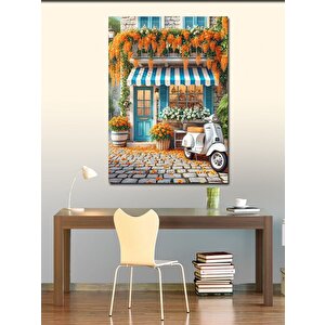 Kanvas Tablo Çiçeklerle Süslenmiş Beyaz Motosiklet 50x70 cm