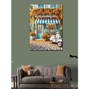 Kanvas Tablo Çiçeklerle Süslenmiş Beyaz Motosiklet 50x70 cm