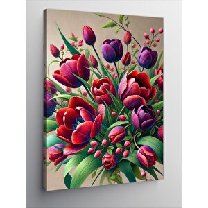 Kanvas Tablo Kırmızı Laleler Ve Yeşil Yapraklar 50x70 cm
