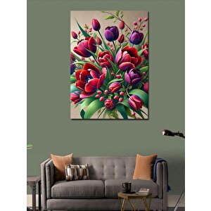 Kanvas Tablo Kırmızı Laleler Ve Yeşil Yapraklar 50x70 cm