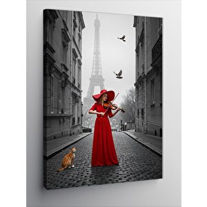 Kanvas Tablo Kırmızı Elbiseli Kadın Ve Kedi 70x100 cm