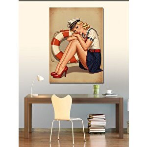 Kanvas Tablo Can Yeleğiyle Retro Denizci Kadın 50x70 cm