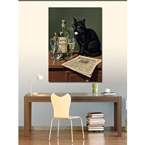 Kanvas Tablo Siyah Kedi Ve Gazete Masası 70x100 cm