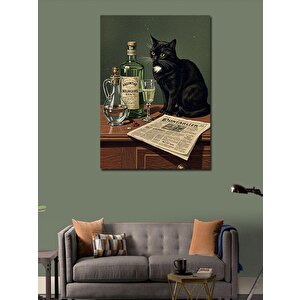 Kanvas Tablo Siyah Kedi Ve Gazete Masası 70x100 cm