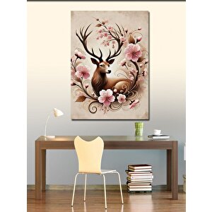 Kanvas Tablo Pembe Çiçekli Geyik Tasarımı 100x140 cm