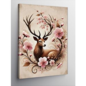 Kanvas Tablo Pembe Çiçekli Geyik Tasarımı 50x70 cm