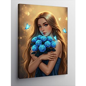 Kanvas Tablo Mavi Çiçeklerle Genç Kadın 100x140 cm