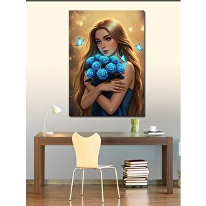 Kanvas Tablo Mavi Çiçeklerle Genç Kadın 100x140 cm