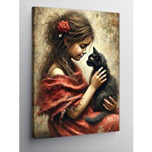 Kanvas Tablo Kara Kedi Ve Kız Çocuğu 100x140 cm