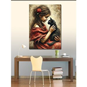 Kanvas Tablo Kara Kedi Ve Kız Çocuğu 100x140 cm