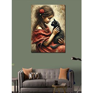 Kanvas Tablo Kara Kedi Ve Kız Çocuğu 100x140 cm