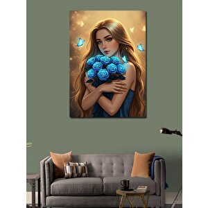 Kanvas Tablo Mavi Çiçeklerle Genç Kadın 70x100 cm