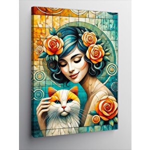 Kanvas Tablo Kedi Ve Çiçekli Kadın Portresi 70x100 cm