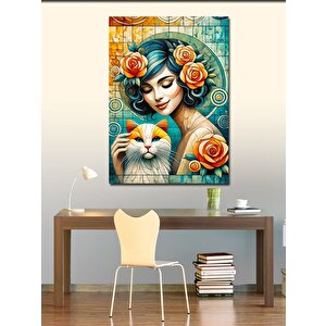 Kanvas Tablo Kedi Ve Çiçekli Kadın Portresi 70x100 cm